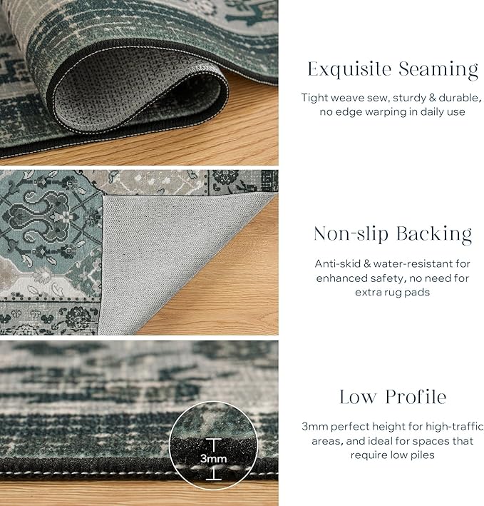 Phantoscope Washable Area Rug 9'x12' Non-Slip, Vintage Boho Rugs for Living Room, Bedroom, Dining Room, Distressed Moroccan Mosaic Diamond Pattern, Low-Pile Foldable Floor Carpet, Grey Charcoal