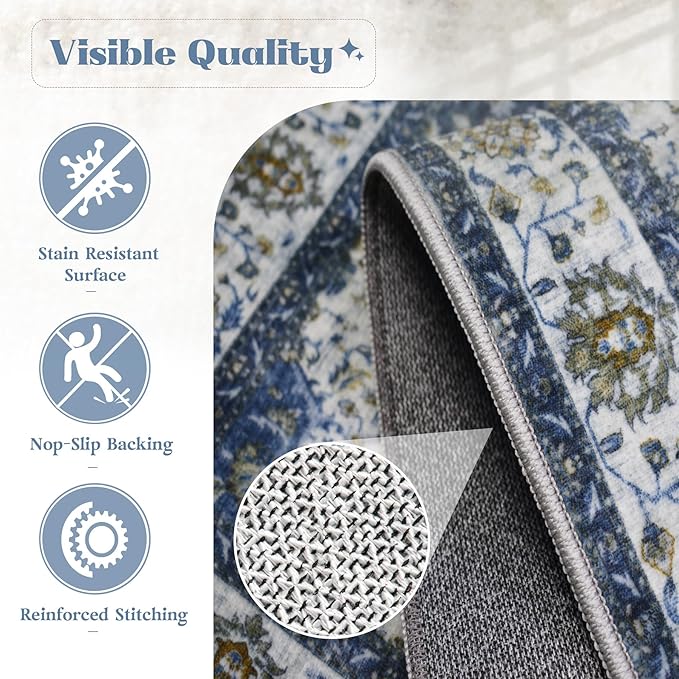 Area Rug 5x7 Washable Rug, Vintage Boho Medallion Rugs Non-Slip Soft Low Pile Large Distressed Rug Indoor Retro Carpet for Living Room Bedroom Dining Room Home Office (Vintage Blue, 5'x7')