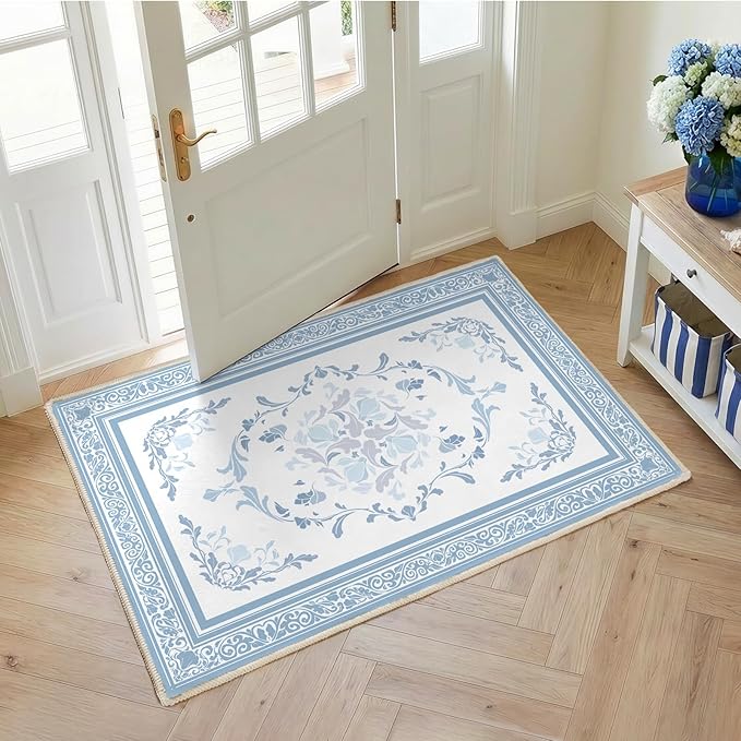 SOULFUL Medium Pile 2x3 Entryway Rug - Cozy Soft Underfoot Small Area Rug - Mist Blue Boho Floral - Washable Non-Slip - Perfect for Hallway Kitchen Bedroom Bathroom Indoor Entrance