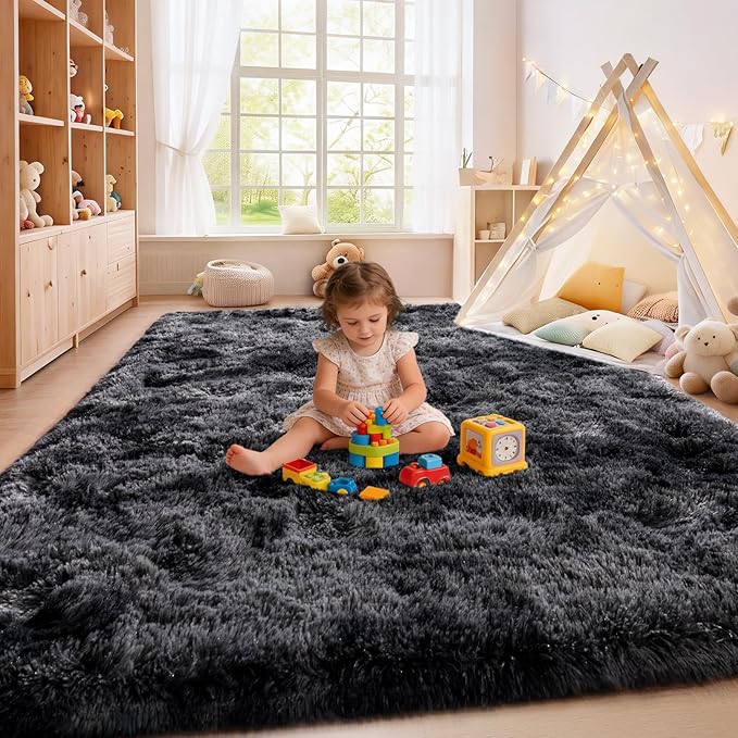 Tie-Dyed Black Grey Shaggy Rugs Fluffy Carpets, Indoor Modern Plush Area Rugs for Living Room, Upgrade Anti-Skid Area Rug, Rectangular 9x12 Feet Fuzzy Rug for Nursery Home Decor