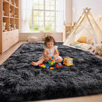 Tie-Dyed Black Grey Shaggy Rugs Fluffy Carpets, Indoor Modern Plush Area Rugs for Living Room, Upgrade Anti-Skid Area Rug, Rectangular 9x12 Feet Fuzzy Rug for Nursery Home Decor