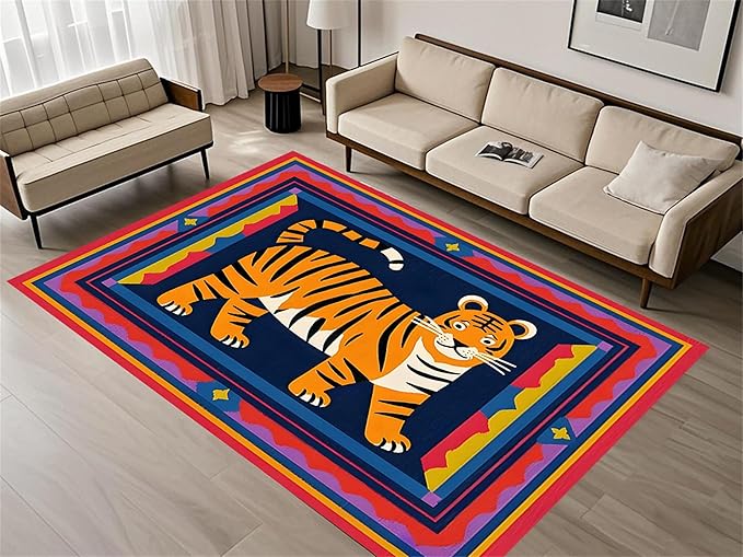 Cartoon Tiger Area Rug, 4x5ft,Tiger Theme Decorative Rug Suitable for Living Room Sofa Area, Modern Abstract Non-Slip Washable Tiger Pattern Rug Suitable for Bedroom Children's Room Decoration