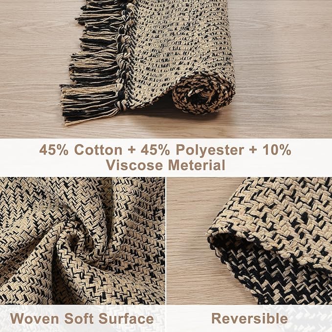 Collive Long Carpet Runners for Hallways 2.6x8ft, Washable Kitchen Rug Indoor Sink Rug, Natural/Black Woven Entryway Runner Rugs Low-Profile Front Door Floor Rug for Laundry Room Bedroom Outdoor Decor