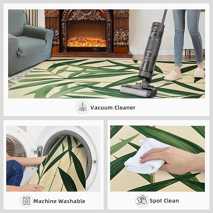 4x5 Bamboo Leaves Indoor Outdoor Rug - Realistic Botanical Art Bedside Rug, Minimalist Leaves Washable Entry Way Rugs Kids Carpet for Inside House Playroom Living Room End Table Nursery