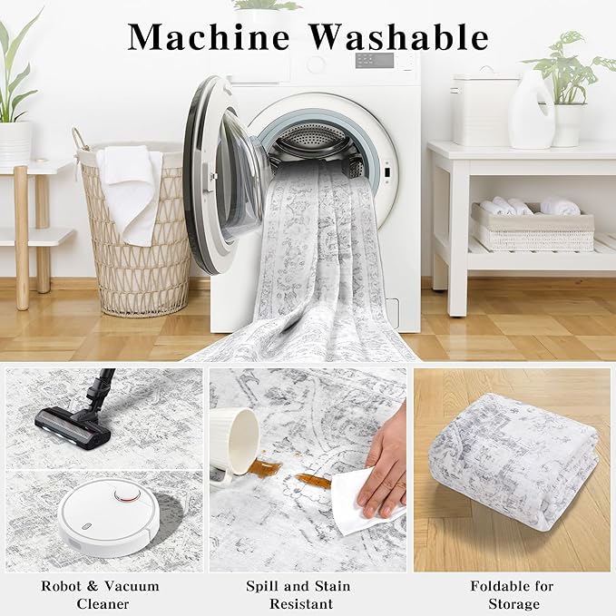 2x3 Vintage Washable Area Rugs for Entryway Soft Non-Slip Bath Mat Boho Medallion Distressed Retro Accent Carpet Floral Low Pile Indoor Throw Rug for Kitchen Laundry Living Room Bedroom, Gray