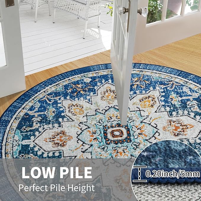 Easy-Going Round Rug 6ft Area Rug Washable Boho Circle Rugs for Living Room Non-Slip Bedroom Rug Low Pile Lightweight Tangerine Vintage Throw Rug for Dining Room Kitchen Office, Floral Aqua Yellow