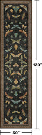 Black Insect 2'6"x10' Washable Extra Long Runner Rugs for Hallways, Non Skid Stain Resistant Wide Rug Runners for Kitchen, Entryway, Dark Floral Boho Butterfly Pattern Indoor Decor
