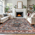 KOZYFLY Boho Area Rug 9x12 Ft Thin Rugs for Living Room Washable Bedroom Rug Non Slip Rugs Printed Faux Wool Vintage Bedroom Rug Floor Carpet for Dining Room Living Room, Brick Red/Orange/Green