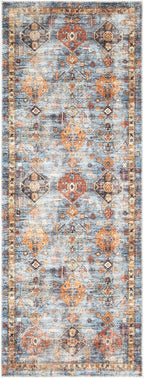 Bloom Rugs Washable Non-Slip 7 ft Runner - Blue/Orange Traditional Bordered Runner for Entryway, Hallway, Bathroom, and Kitchen - Exact Size: 2.5' x 7'