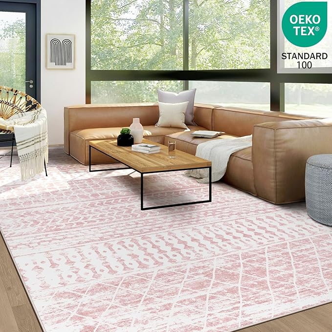 8x10 Machine Washable Area Rug for Living Room, Pink Vintage Moroccan Rug Large Non-Slip Low Pile Soft Faux Wool Carpet, Kids and Pets Friendly for Bedroom Dining Room Farmhouse Home Decor Rug