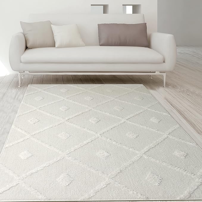 Antep Rugs Palafito 6x9 Geometric Shag Diamond High-Low Pile Textured Indoor Area Rug (White, 6'7" x 9')