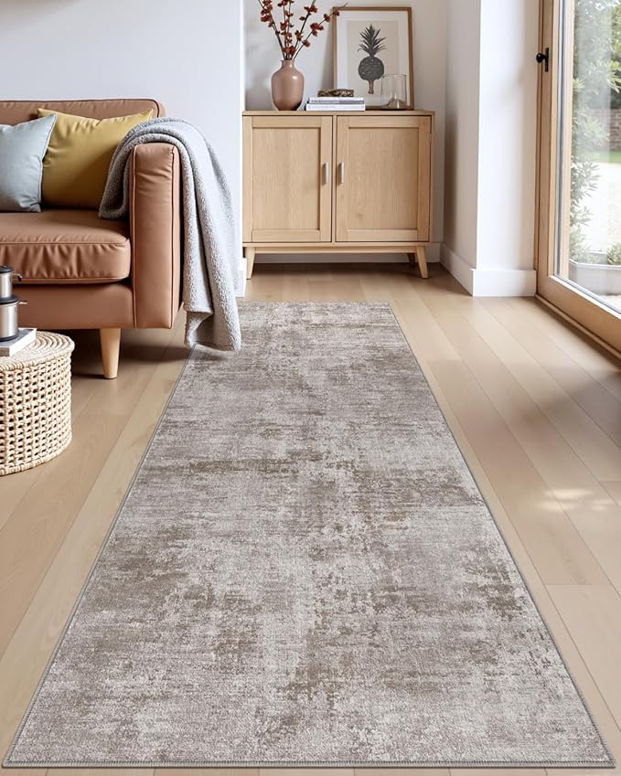 DEXI Hallway Runner Rug 3x12, Modern Abstract Non Slip Thin Soft Runners Carpet, Stain Resistant Washable Indoor Rug for Hallway Entryway Kitchen Laundry Room Living Room, Red Brown