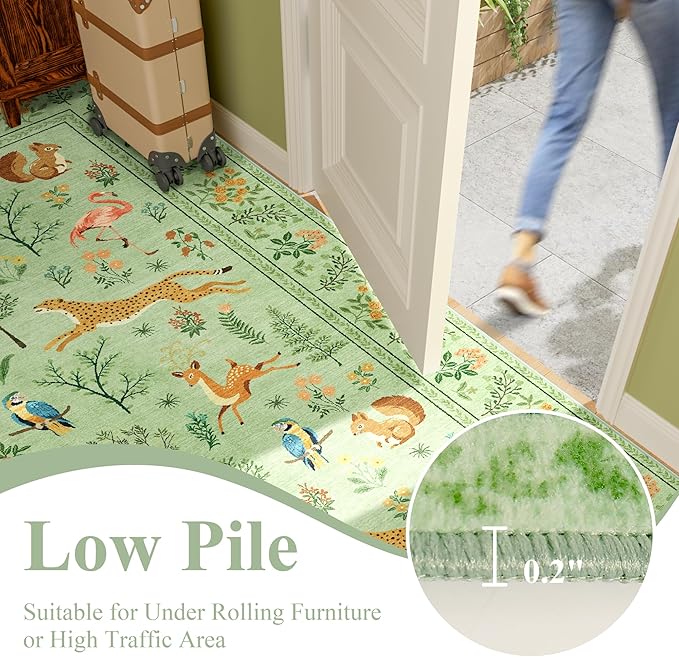 DUKINO 3x5 Rug, Washable Animal Area Rug with Non Slip Vintage Design, Indoor Soft Low Pile Carpet for Bedroom, Nursery, Dining Room, Farmhouse, Playroom, Light Green