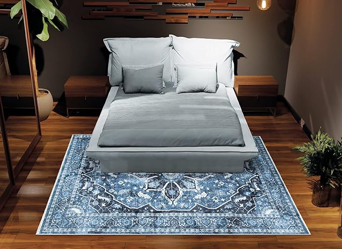 Bloom Rugs Washable Non-Slip 2x3 Rug - Blue/Charcoal Traditional Oriental Area Rug for Living Room, Bedroom, Dining Room, and Kitchen - Exact Size: 2' x 3'