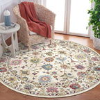 Washable Round Area Rug 6ft - Cream Colorful Traditional Floral Living Room Circle Rug Non-Slip Farmhouse Dining Room Carpet Soft Vintage Bohemian Round Rugs for Bedroom Office Nursery