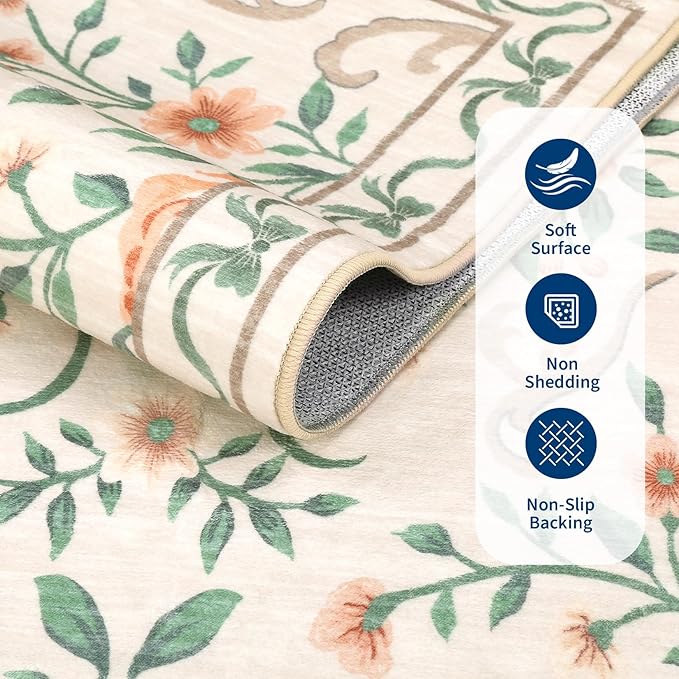GarveeHome 8x10 Beige Floral Rugs for Living Room Washable Rugs Non Slip Stain Resistant Bedroom Floral Rug Low Pile Soft Dining Room Throw Carpet Beige Bow Large Carpet for Home Office Decor, 8x10