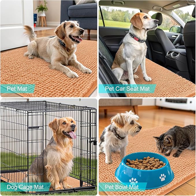 OLANLY Dog Door Mat for Muddy Paws 34x21, Absorbs Moisture and Dirt, Absorbent Non-Slip Washable Doormat, Quick Dry Chenille Mud Mat for Dogs, Entry Indoor Entryway Carpet for Inside Floor, Orange