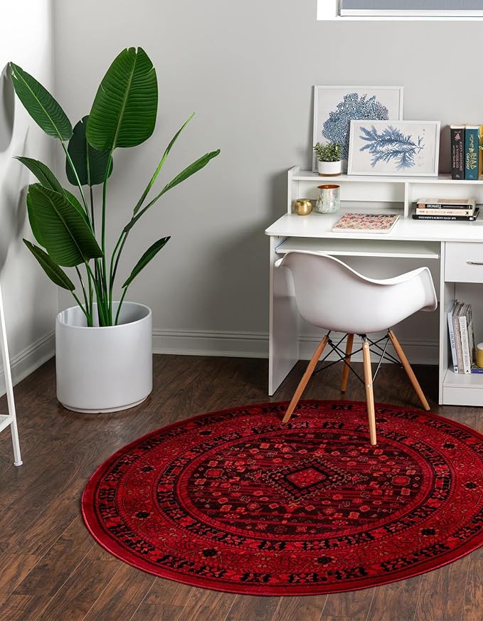 Unique Loom Tekke Collection Area Rug - Sheibani (5' Round, Red/ Black)
