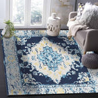 Bohemian Pattern Rectangular Area Rugs for Living Room Bedroom 3 x 5 ft Blue & Yellow Abstract Non-Shedding Soft Low Pile Rug Non Slip Washable Rug for Nursery Entryway Playroom