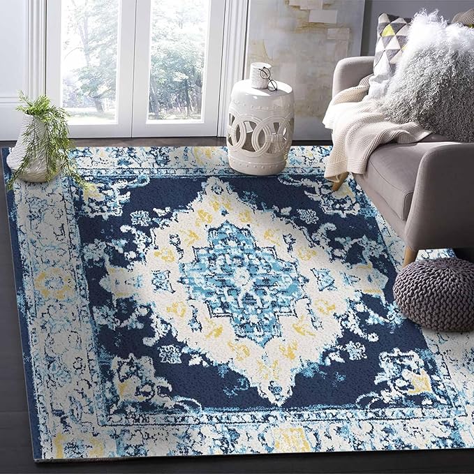 Bohemian Pattern Rectangular Area Rugs for Living Room Bedroom 4 x 6 ft Blue & Yellow Abstract Non-Shedding Soft Low Pile Rug Non Slip Washable Rug for Nursery Entryway Playroom