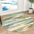 Modern Abstract Round Rug 3Ft, Green Mustard Multi Round Rug Washable Non-Slip Soft Small Circle Rug, Circular Entryway Rug Thin Print Faux Wool Carpet for Bedroom Living Room Office