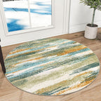 Modern Abstract Round Rug 3Ft, Green Mustard Multi Round Rug Washable Non-Slip Soft Small Circle Rug, Circular Entryway Rug Thin Print Faux Wool Carpet for Bedroom Living Room Office