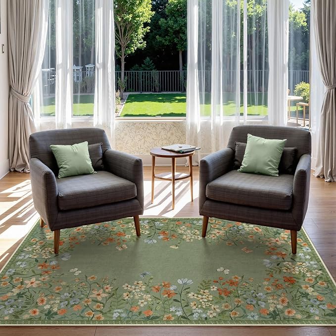 Lahome Boho Floral 3x5 Washable Rugs for Entryway Soft Rug for Bedroom,Green Kitchen Rugs Non Slip Washable,Indoor Carpet Throw Carpet for Bathroom Laundry Living Room Foyer(Green,3x5)