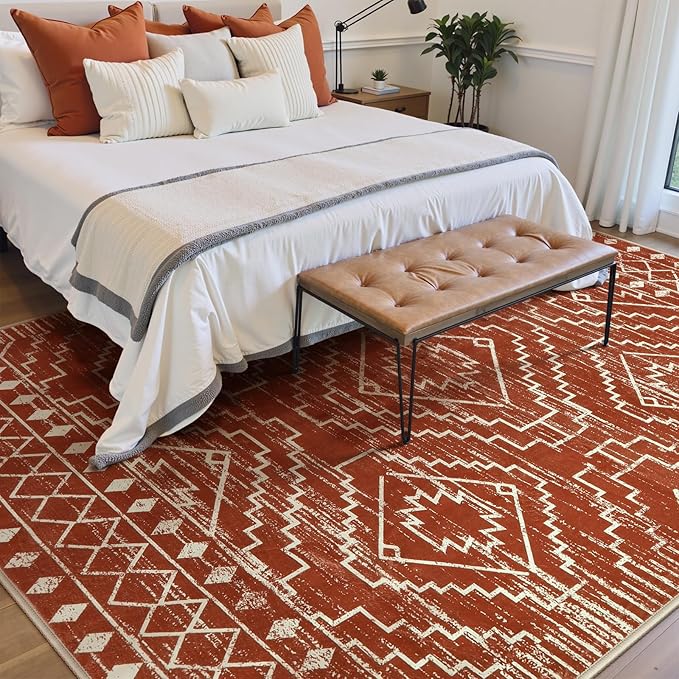 Wonnitar Moroccan 8x10 Area Rugs for Living Room, Washable Large Brown Rug for Bedroom, Non-Slip Soft Thin Stain Resistant Boho Tribal Floor Carpet for Dining Guest Room Office (Brown,8'x10')