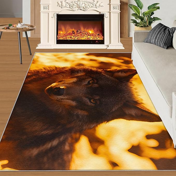 Wolf Rugs for Bedroom - 2x3 Area Rug - Timber Wolf Rugs for Living Room, Sunset Landscape Rug, Non-Slip Washable Home Decor Carpet