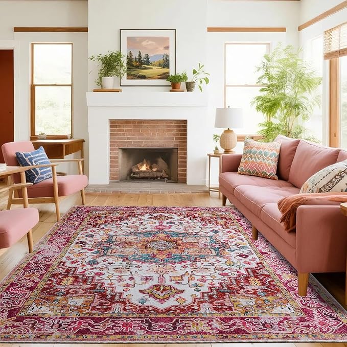 Beglad Large Vintage Area Rugs 6x9 for Living Room, Machine Washable Rugs - Low Pile Carptet, Soft Distressed Floral Rugs for Kitchen, Dining Room, Bedroom, Plum