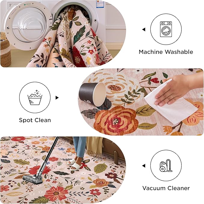 Living Room Rug 6x9 Rug Machine Washable Boho Area Rug Non Slip Floral Vintage Low Pile Large Rugs for Living Room, Bedroom, Farmhouse, Dining Room (Beige)
