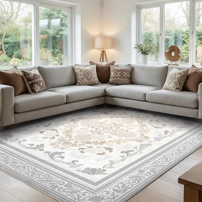 SOULFUL Medium Pile 2x3 Entryway Rug - Soft Foot Feel Small Area Rug - Light Taupe Boho Floral - Washable Non-Slip - Perfect for Hallway Kitchen Bedroom Bathroom Indoor Entrance