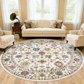 Washable Round Area Rug 8ft - Cream Colorful Traditional Floral Living Room Circle Rug 8x8 Non-Slip Vintage Bohemian Dining Room Carpet Soft Vintage Boho Round Rugs for Bedroom Office Entryway