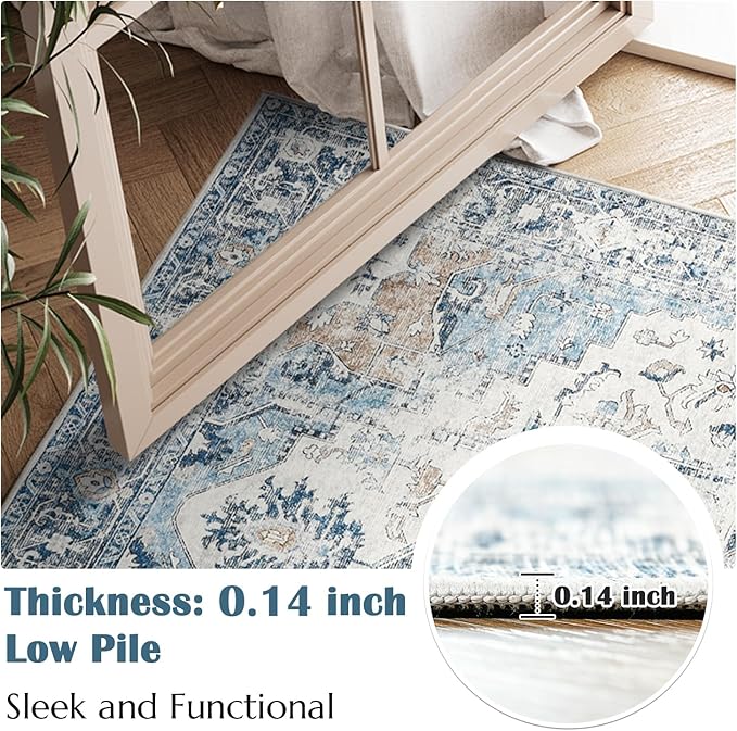 jinchan Kelda Runner Rug 3x8 Vintage Hallway Rug Kitchen Washable Runner Retro Floor Cover Lightweight Non-Slip Low Pile Thin Distressed Carpet for Entryway Bathroom Laundry Room Bedroom Stairway Blue