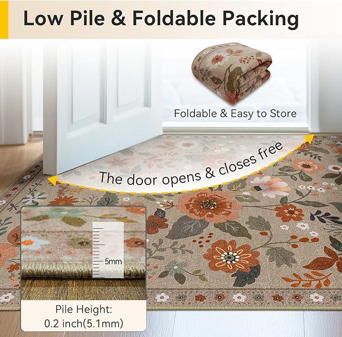 Floral 2x3 Area Rug Machine Washable Soft Print Boho Carpet Non Slip Doormat Low Pile Flower Area Rugs for Living Room Bedroom Nursery Kitchen Dining Room Indoor-Brown/Brick