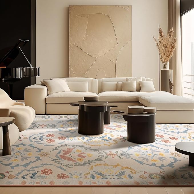 Phantoscope Washable Area Rug 6'x9' Non-Slip, Vintage Floral Boho Rugs for Living Room, Bedroom, DiningRoom, Soft Botanical Moroccan Pattern, Low-Pile Foldable Floor Carpet, Ivory Pink/Boho Garden