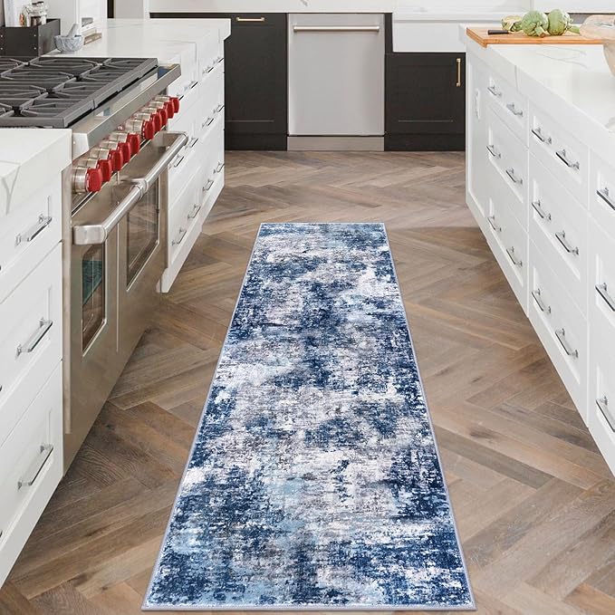 Modern Abstract Runner Rug 2x6, Grey Navy Blue Colorful Washable Kitchen Runner Non-Slip Soft Hallway Rug Runner Thin Print Faux Wool Carpet for Entryway Bedroom Laundry Room Indoor Home Decor
