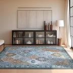 Phantoscope Washable Area Rug 5'x7' Non-Slip, Vintage Boho Rugs for Living Room, Bedroom, Dining Room, Distressed Moroccan Mosaic Diamond Pattern, Low-Pile Foldable Floor Carpet, Blue Teal/Neutral