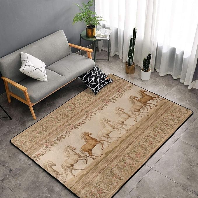 Horse Western Boho Ethnic Style Area Rug Washable Outdoor Rugs Anti-Slip Soft Carpet Entryway Indoor Door Mat for Bedroom,Living Room,Porch,Terrace and Entrance Decor 6'x 4'