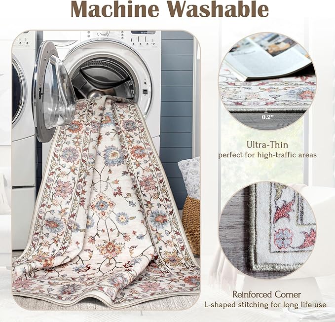 2x3 Washable Entryway Rug - Small Entry Rug Non-Slip Cream Colorful Vintage Traditional Floral Kitchen Rugs Low Pile Boho Carpet Throw Rugs for Bedroom Bathroom Entrance Dorm Laundry Room