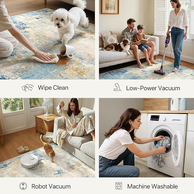 8x10 Area Rugs Washable Blue Rug for Living Room Bedroom, Abstract Modern Large Rug Non Slip, Water Repellent Low Pile Soft Carpet for Dining Room, Blue Ivory