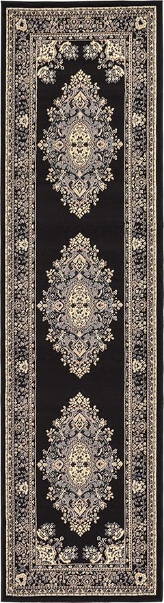 Unique Loom Reza Collection Traditional Persian Style Area Rug, 2 ft 7 in x 10 ft, Black/Beige