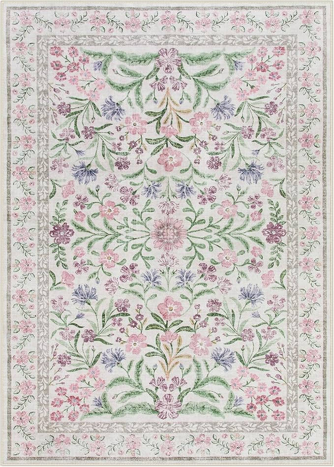 Lahome Boho Purple Floral 5x7 Area Rugs, Washable Rugs for Bedroom Nursery Decor, Soft Non-Slip Lavender Carpet for Kids Room Girls Playroom Living Room, Pale Lilac/Pink