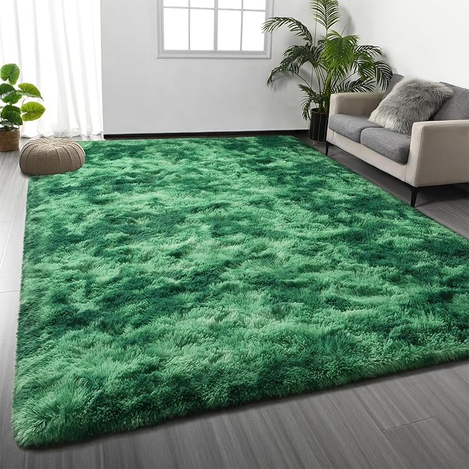 Large Shag Area Rugs 8 x 10, Plush Fuzzy Rugs for Living Room, Ultra Soft Fluffy Furry Rug for Bedroom, Indoor Carpet Nursery Rugs for Kids Room Home Decor, Tie-Dyed Emerald Green