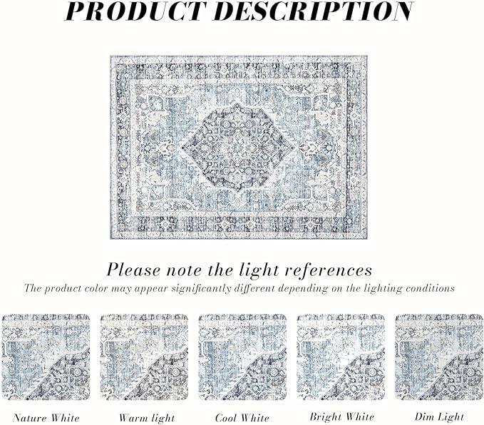 Area Rug 5×7, Vintage Boho Rug,Ultra-Soft Low Pile, Washable, Non Slip,Stain Resistant Printed Carpet for Living Room Bedrooms Playroom Office Kitchen, Light Blue