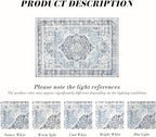 Area Rug 5×7, Vintage Boho Rug,Ultra-Soft Low Pile, Washable, Non Slip,Stain Resistant Printed Carpet for Living Room Bedrooms Playroom Office Kitchen, Light Blue