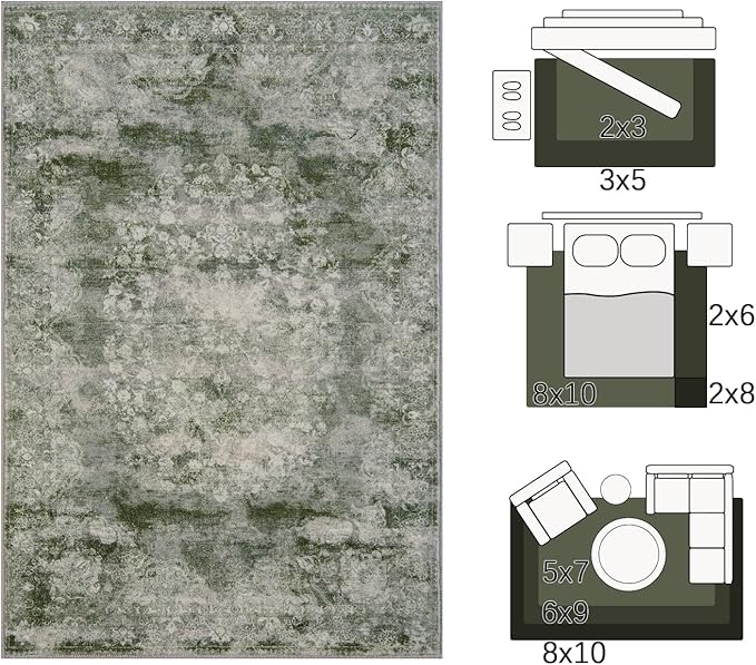 jinchan Green 4x6 Area Rugs - Machine Washable Vintage Floral Distressed Design Soft Ultra-Thin Low-Pile Non-Slip Carpet for Bedroom Living Room Dining Room Nursery (4x6ft, Forest Green)