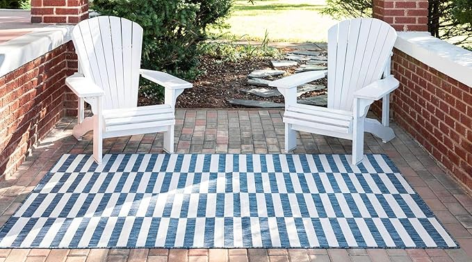 Unique Loom Outdoor Collection Classic Stripes, Transitional Indoor & Outdoor Area Rug, 9' 0 x 12' 0, Navy Blue/Ivory