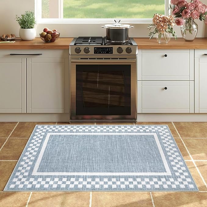 Small Area Rug 2x3 Modern Checkered Entry Rug Solid Color Scalloped Kitchen Rugs Washable Bedroom Doormat Non Slip Stain Resistant Bordered Throw Carpet for Living Room Nursery Laundry, Blue