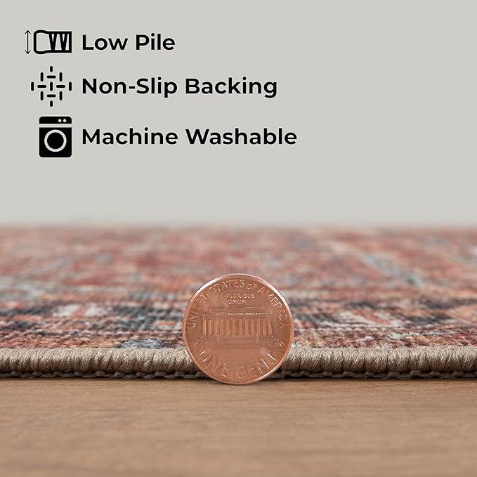 GLN Rugs Traditional Collection - Machine Washable Area Rug, Traditional Washable, Non Slip, Low Pile Chenille Rug, Living Room, Bedroom, Kitchen Rug (3' x 5' Terra/Multicolor 1168)